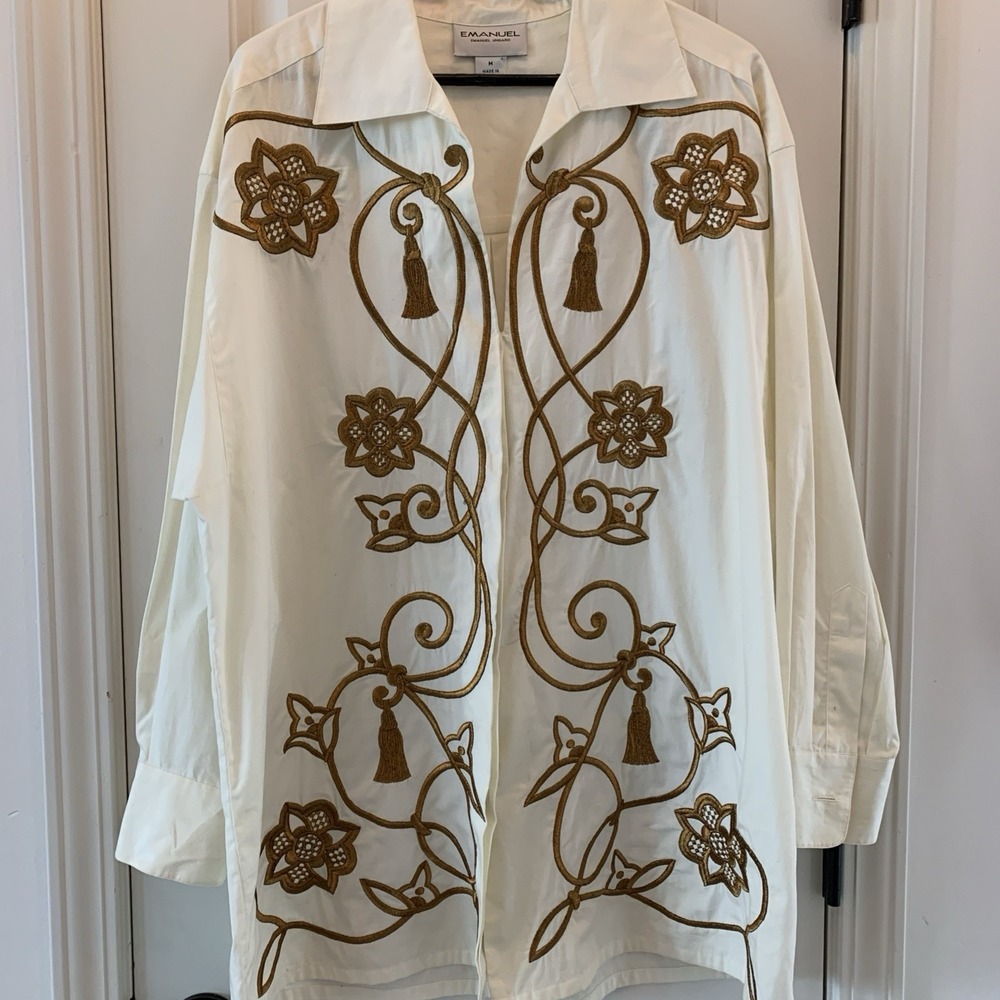 Emanuel Ungaro White Cotton Gold Floral Embroidered Button Down Shirt Womens M